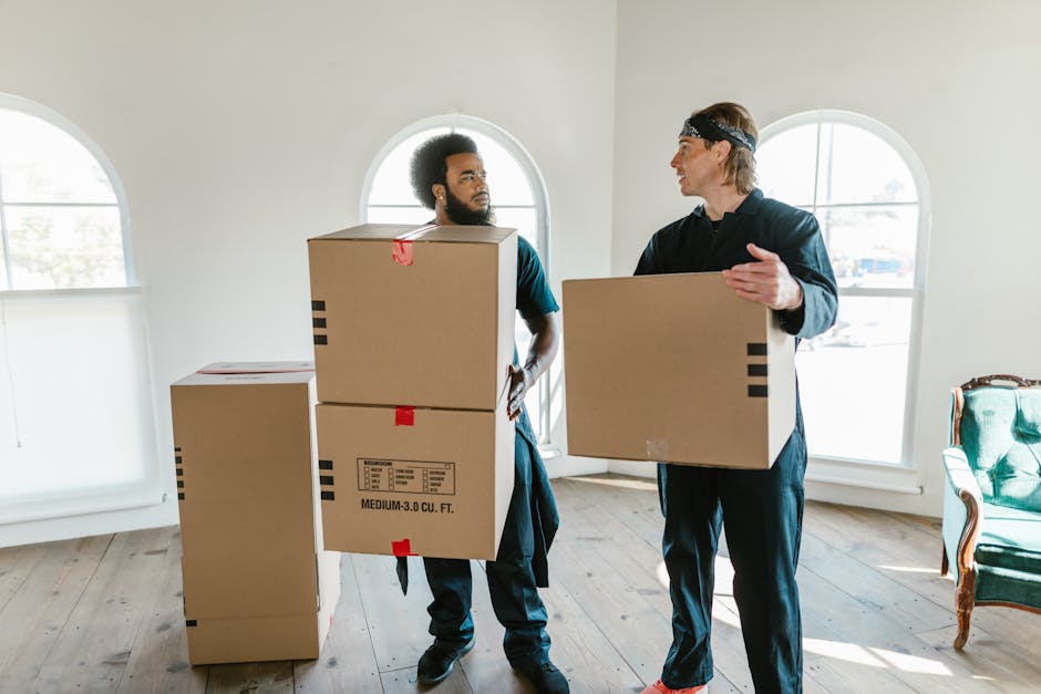 Two removal workers inside a well-lit room with large arched windows, handling cardboard moving boxes during a home relocation. The worker on the left, with curly hair and a beard, is carrying a medium-sized box labeled 'MEDIUM-3.0 CU. FT.' in front of his chest, while the worker on the right, wearing a headband, is holding a similar-sized box and appears to be explaining or coordinating the packing process. Behind them, there are more cardboard boxes stacked on the wooden floor, some sealed with red tape. The interior environment features white walls, natural light streaming through the windows, and a vintage armchair with green upholstery positioned beside the window, indicating a residential setting. These activities reflect the packing and loading phases typical of furniture transport and home moving services, with Man with Van Upton providing professional removals help near Royden Park.